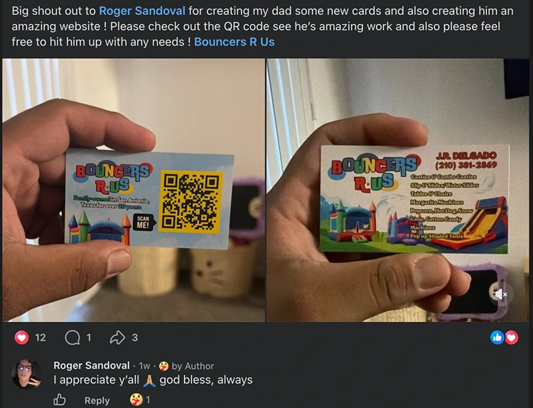 A Facebook comment thanking Roger Sandoval for designing new business cards and a website for Bouncers R Us, shown alongside photos of the finished card