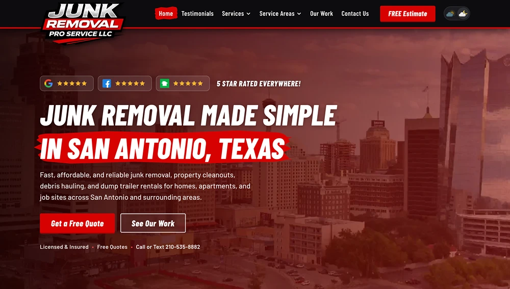 Local junk removal company website shown on desktop