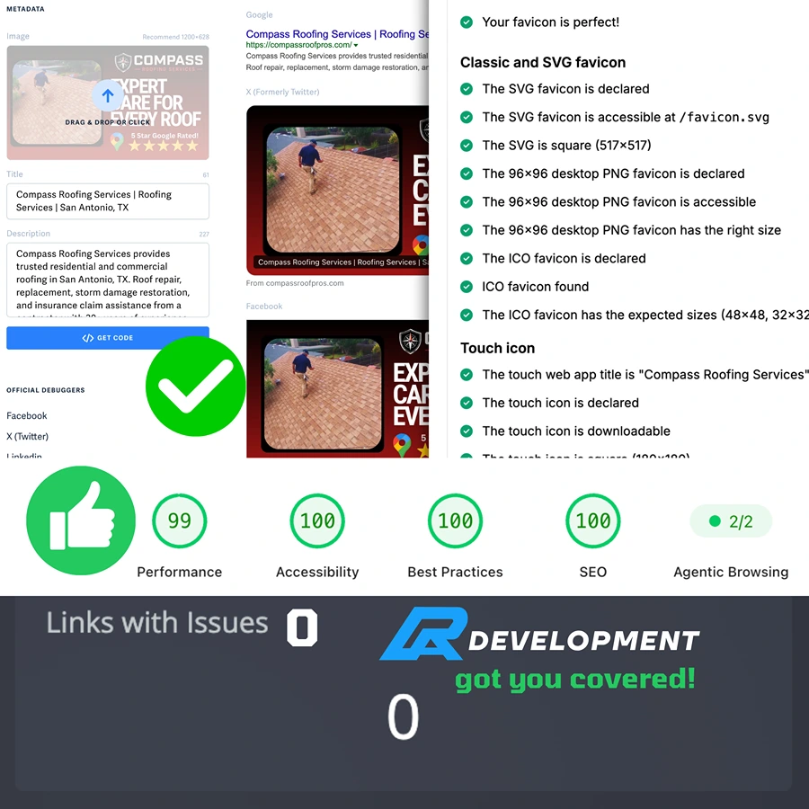 A passing website audit showing complete metadata, a working favicon, social previews, and 90 plus scores across performance, accessibility, best practices, and SEO